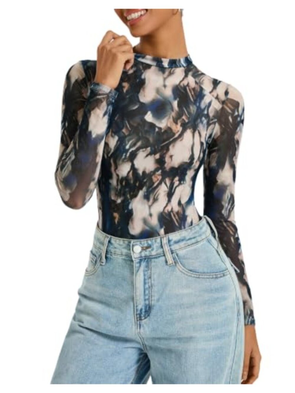 Women's Mesh Long Sleeve Bodysuit Top Sheer Going Out Body Suit